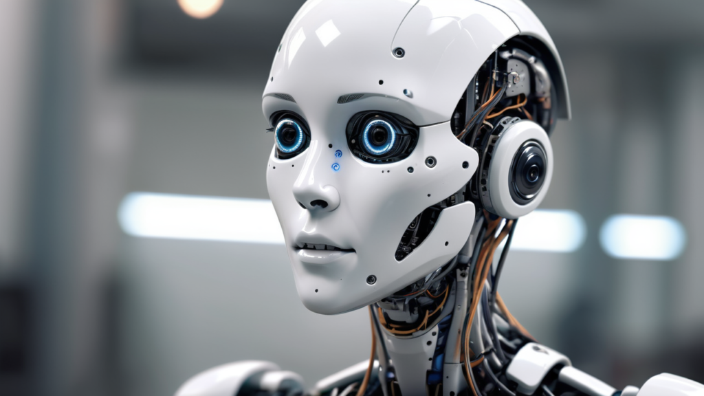 Close up of a robot, that has exposed wires, with a human looking face.