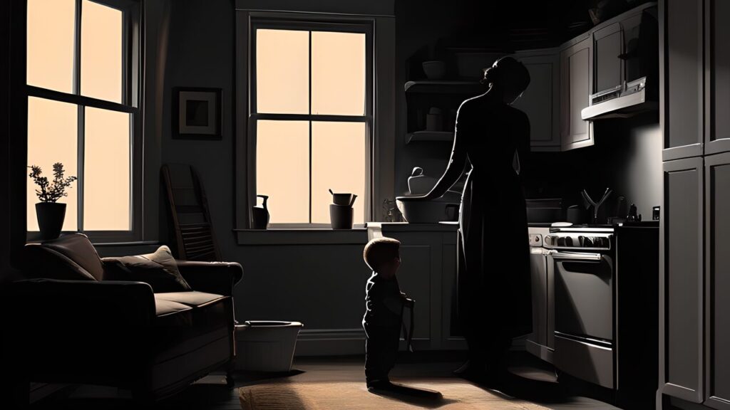 Illustration of a small child waiting for his mothers attention while she does chores. For the post "What' It Was Like Living With Divorced Parents."