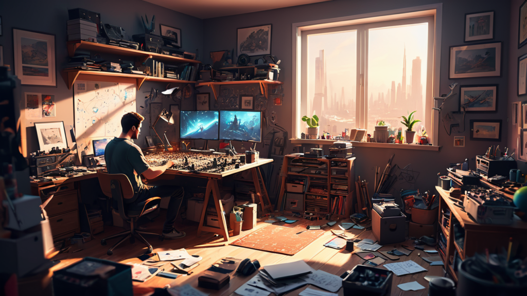 Digital art of a man at a table, in a room, working on a new hobby. The room is messy and littered with papers and other objects.