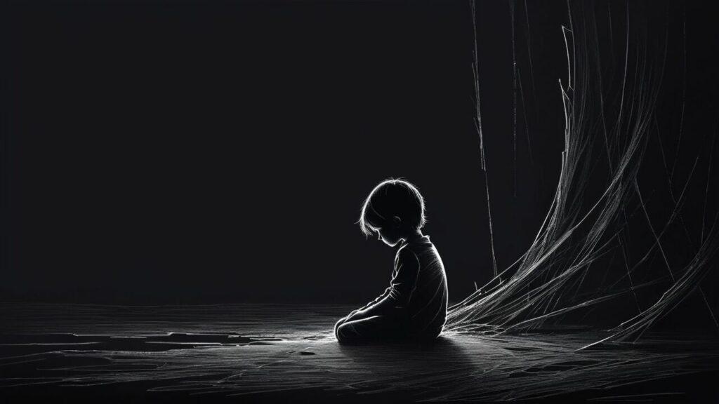 Digital Drawing of a boy, alone in a field with some string like substance forming a tree. For the post of "How to Help Alleviate Depression From Your Life".