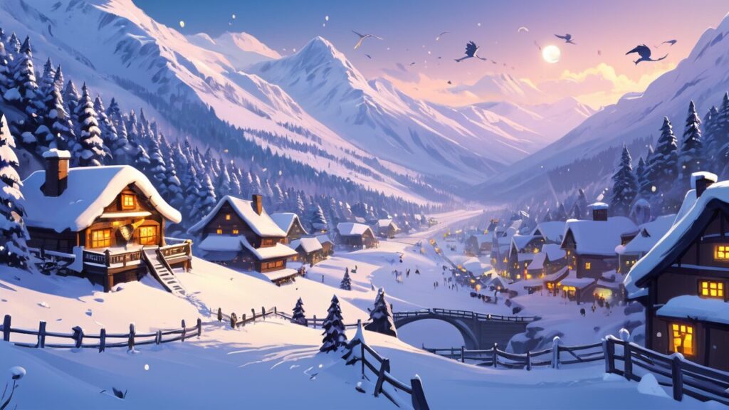 Digital drawing of a small town, covered in snow, in the valley or a mountain range.