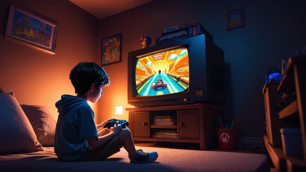 3D rendering of a child playing video games on a tv.