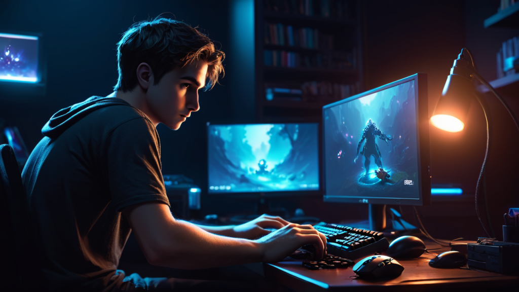Digital art of a teenager playing a game on his computer in a dark room.