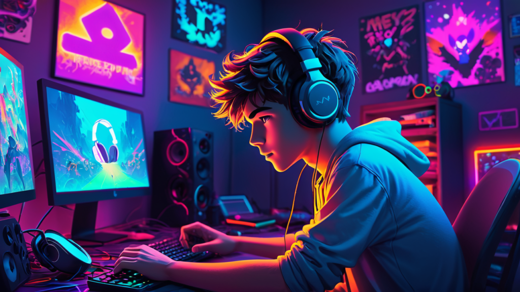 Digital art of a boy, who is wearing headphones, on his computer. The room he is in has posters all over the wall and is a bit messy.