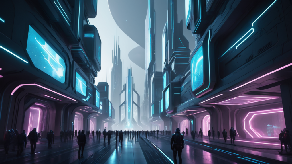 Digital art of a utopian world with futuristic architecture. People standing around in isolation.