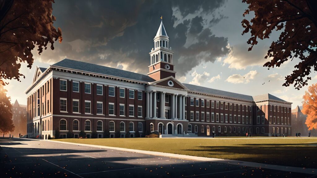 A college building with dark clouds above it. For my post about the truth about attending college.