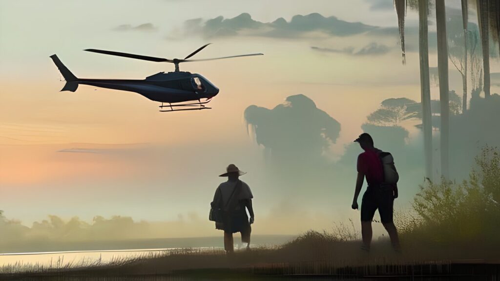 Digital art of two hikers in a swamp being rescued by a helicopter. For my Big Cypress Rescue story.