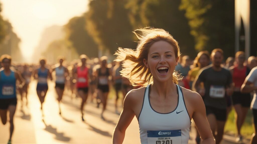 Digital art of a girl smiling as she's running in her first marathon. Blurry runners chase her.