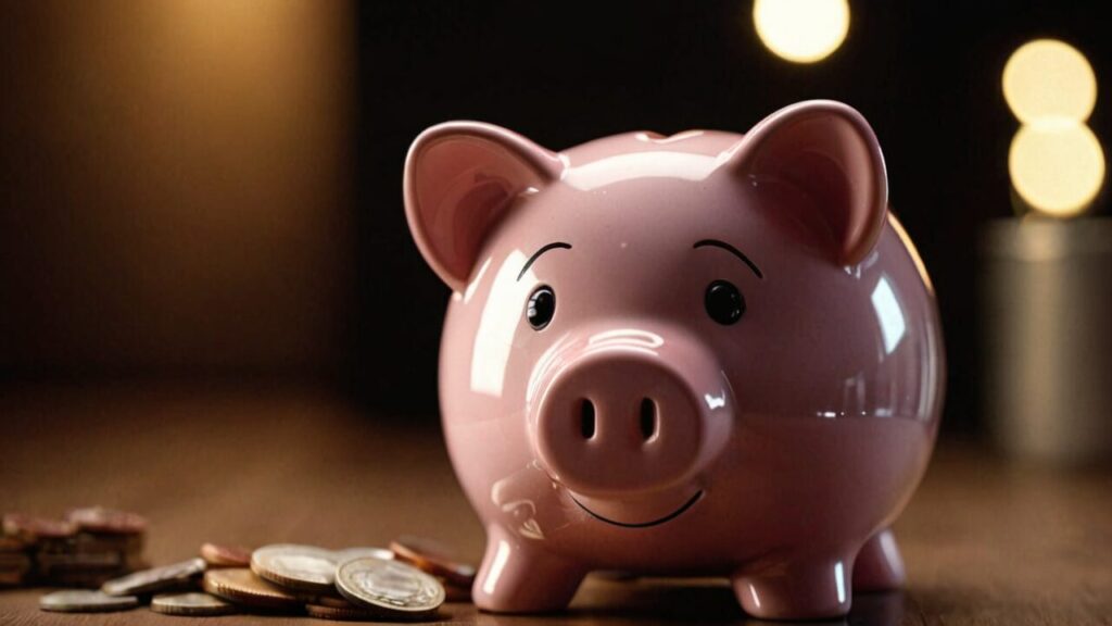 A smiling piggy bank on a table with some coins next to it. For the post about financial struggles.