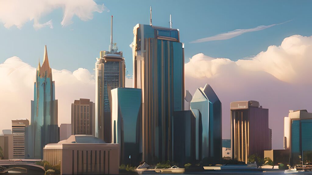 Digital art of a city skyline. For the post about things to do in Orlando.